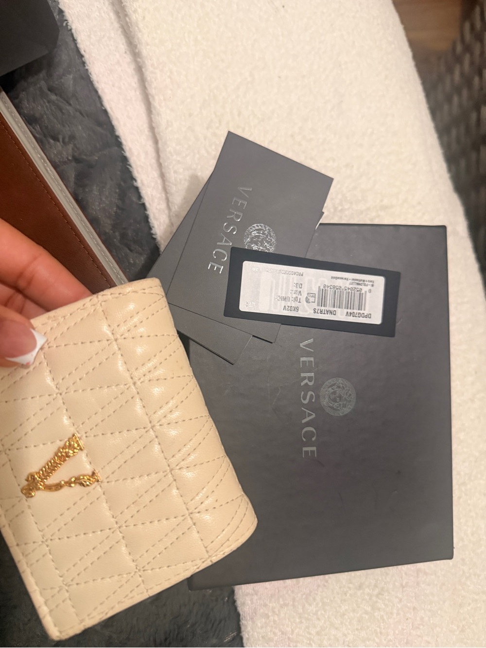 Versace Quilted Beige Card Holder with Gold Medusa Accent